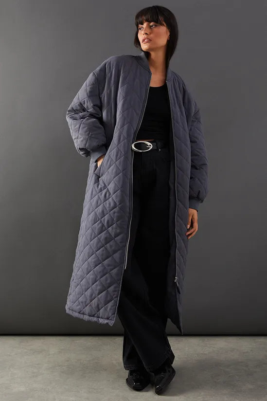 Diamond Quilted Padded Longline Coat