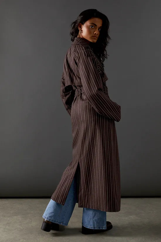 Chocolate Pinstripe Belted Trench Coat