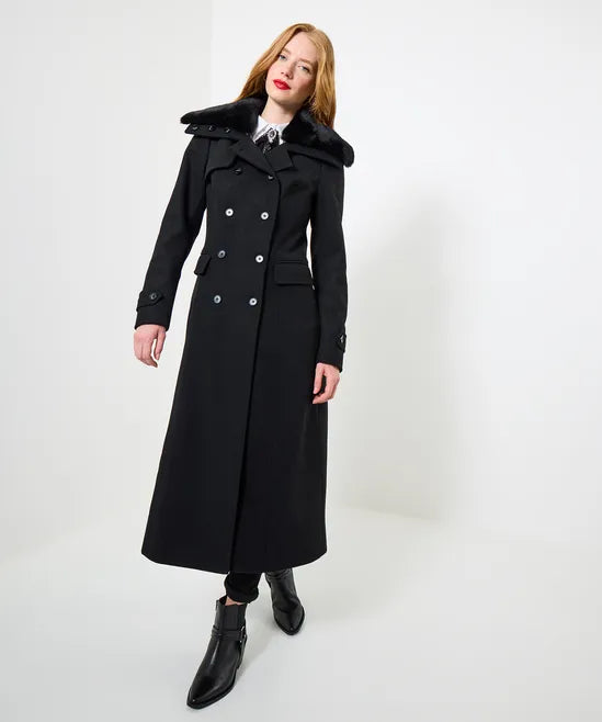 Long Black Coat with Detachable Collar
