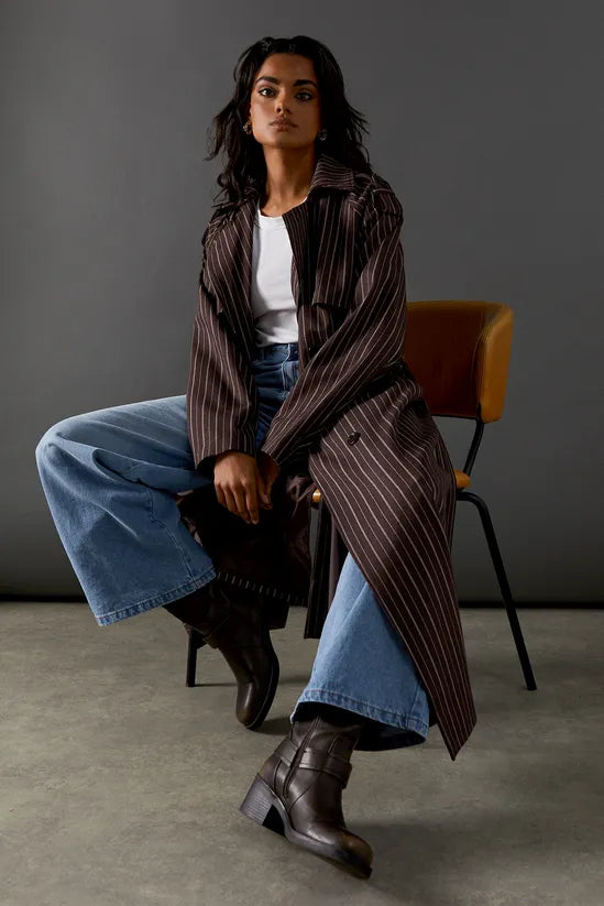 Chocolate Pinstripe Belted Trench Coat