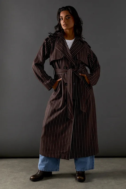 Chocolate Pinstripe Belted Trench Coat